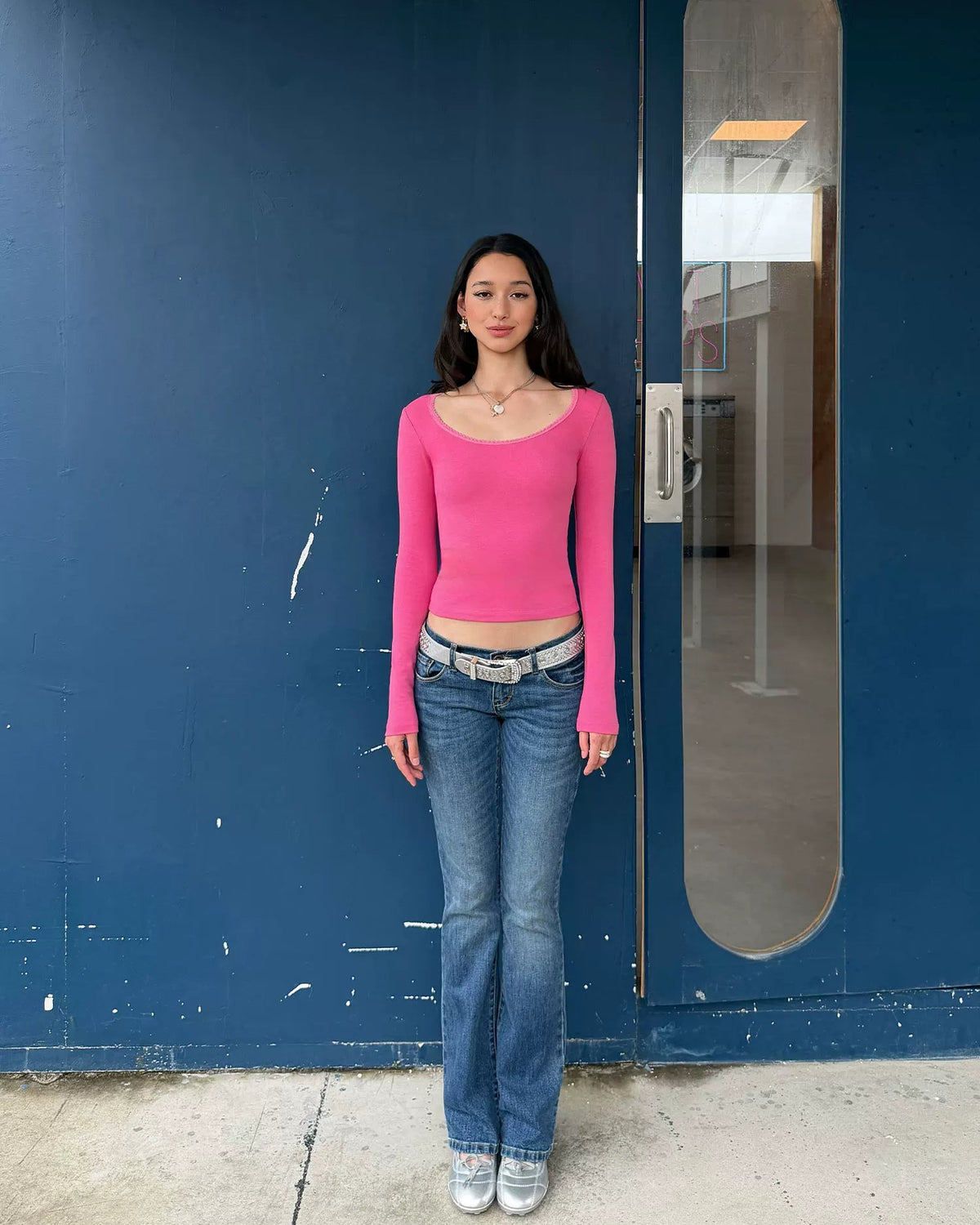 Lace-Trim Scoop Neck Long Sleeve Top