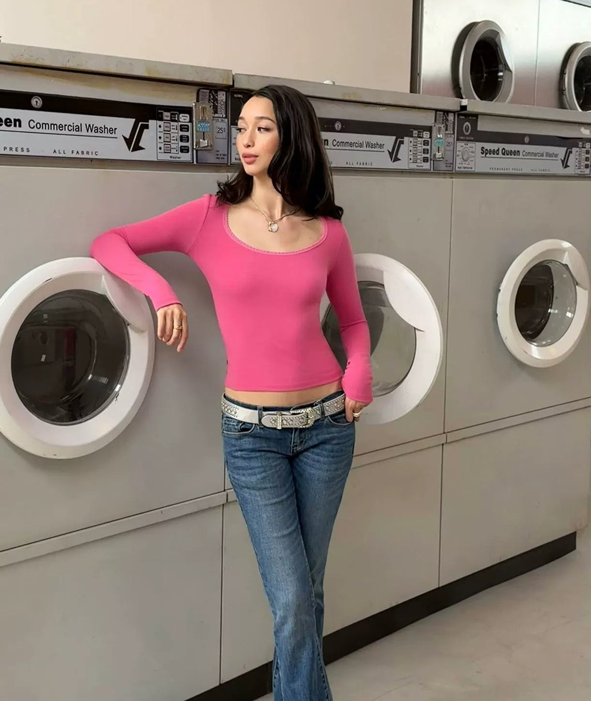 Lace-Trim Scoop Neck Long Sleeve Top