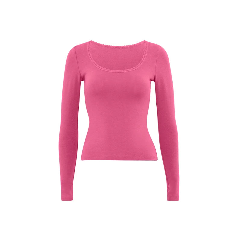 Lace-Trim Scoop Neck Long Sleeve Top