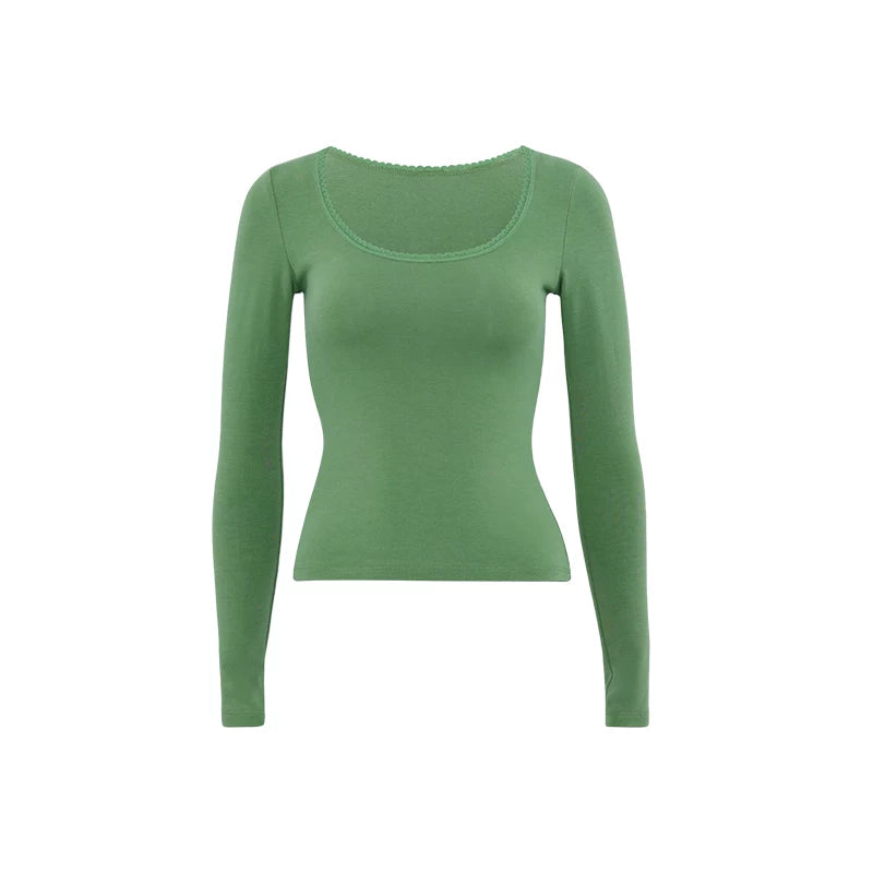 Lace-Trim Scoop Neck Long Sleeve Top