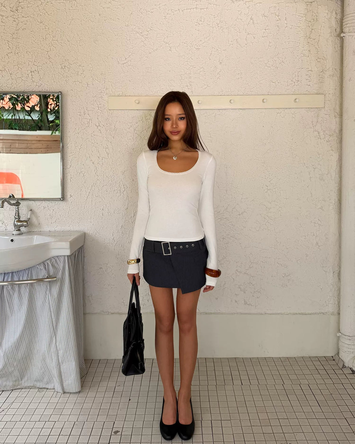 Lace-Trim Scoop Neck Long Sleeve Top