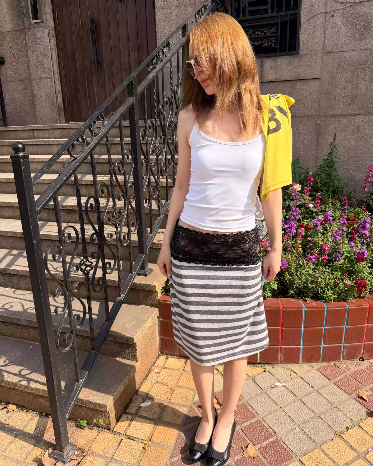 Lace Waist Stripe Midi Skirt