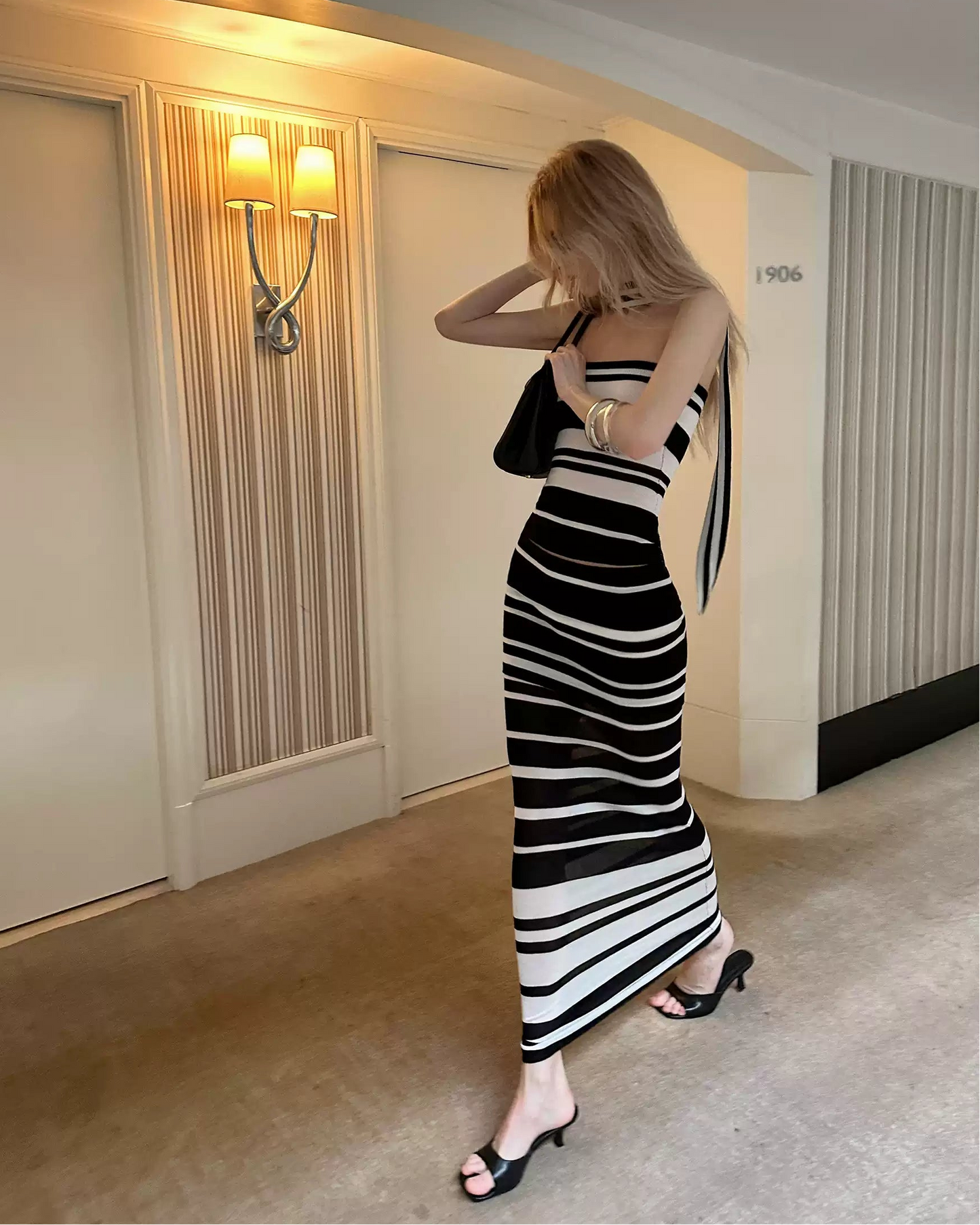 0122stepll | Line Poetry Striped Tube Top & Skirt Set
