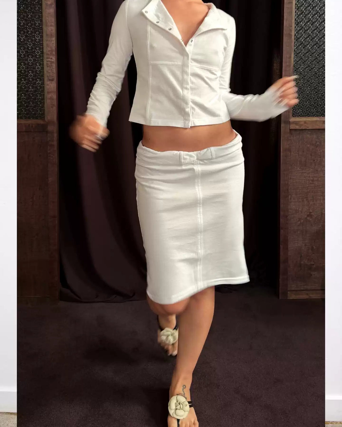 Low-Rise Ruched Waist Midi Skirt
