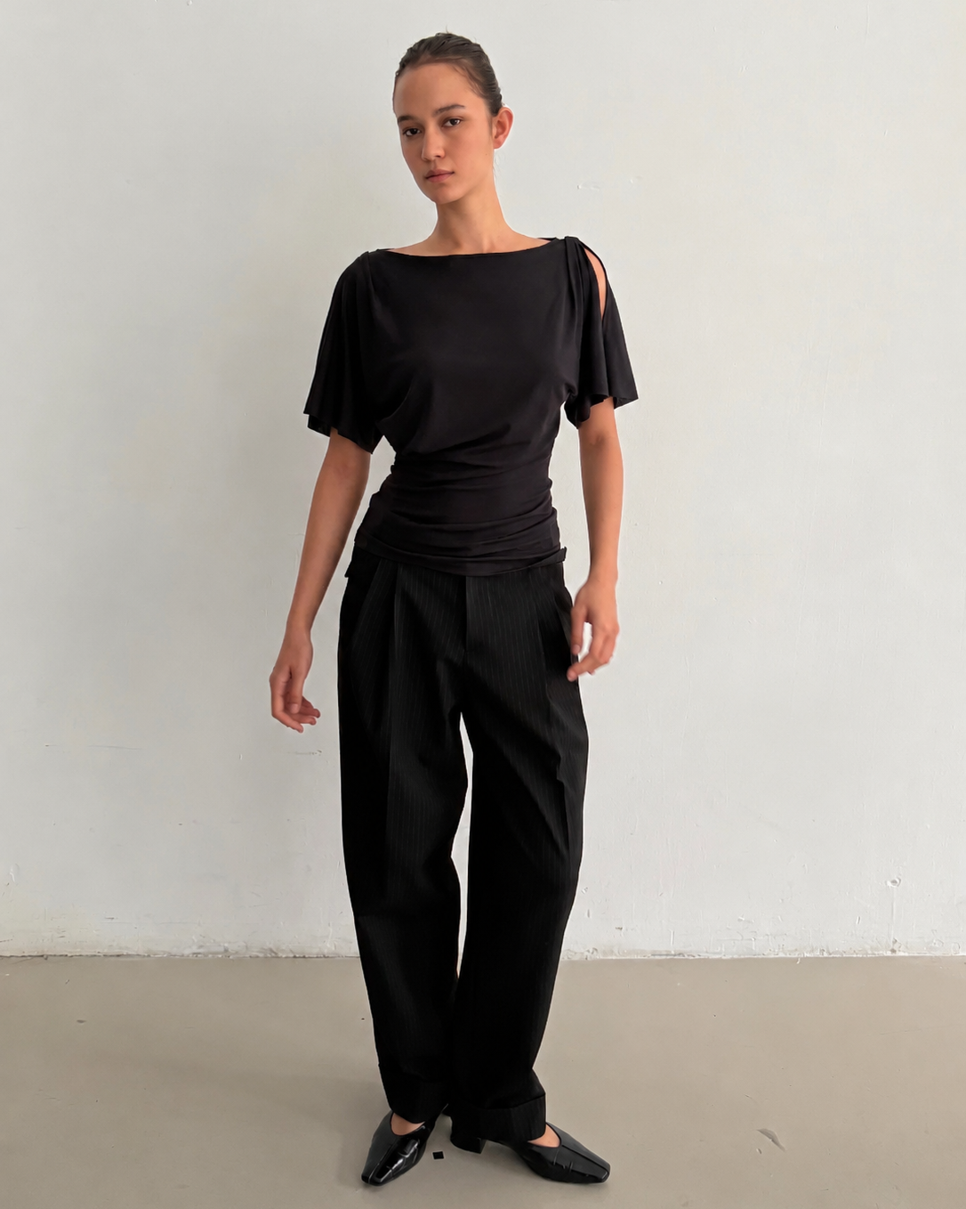 Lyocell Wool Draped Boat Neck Cutout Tee
