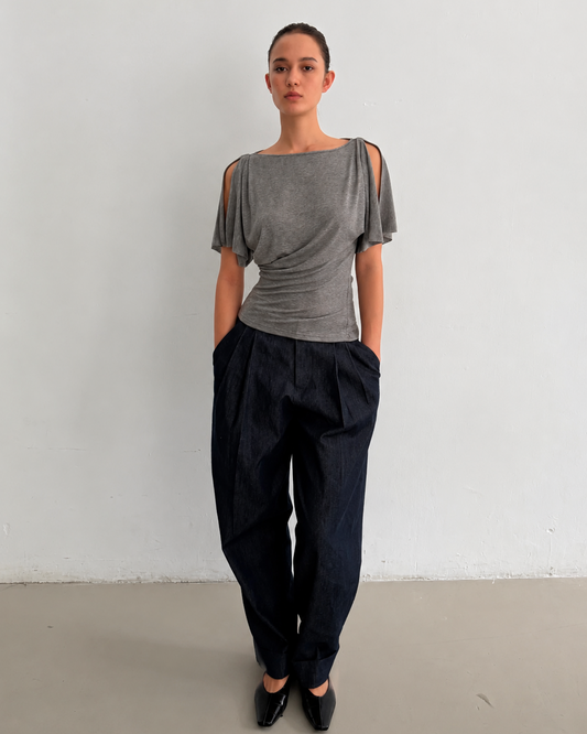 Lyocell Wool Draped Boat Neck Cutout Tee