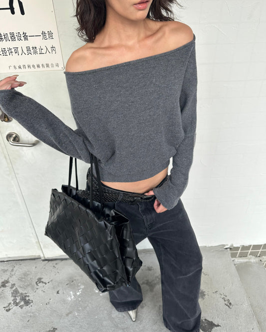 Mara 100% Wool Relaxed Off-Shoulder Knit Sweater