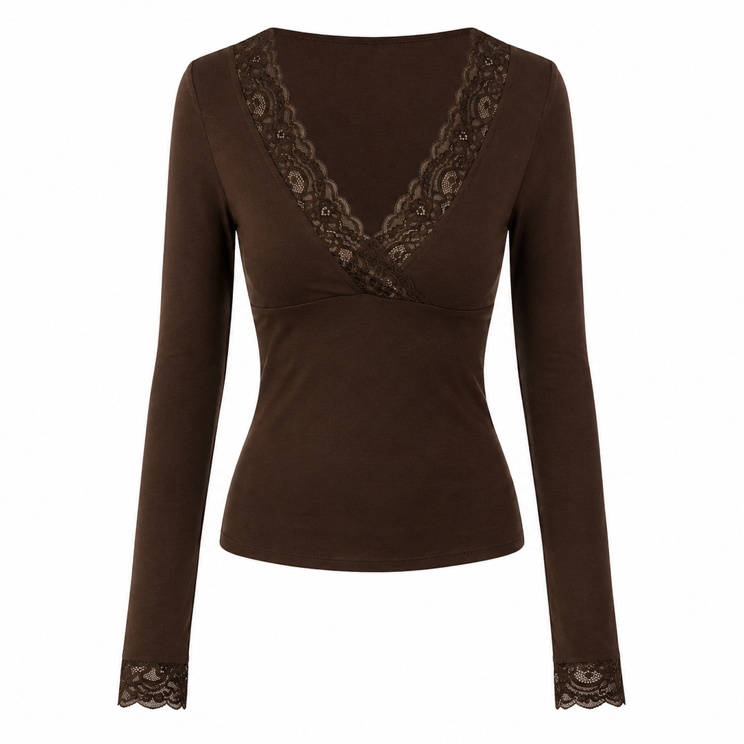 Mila Lace Trim Deep V Long Sleeve Wool Top
