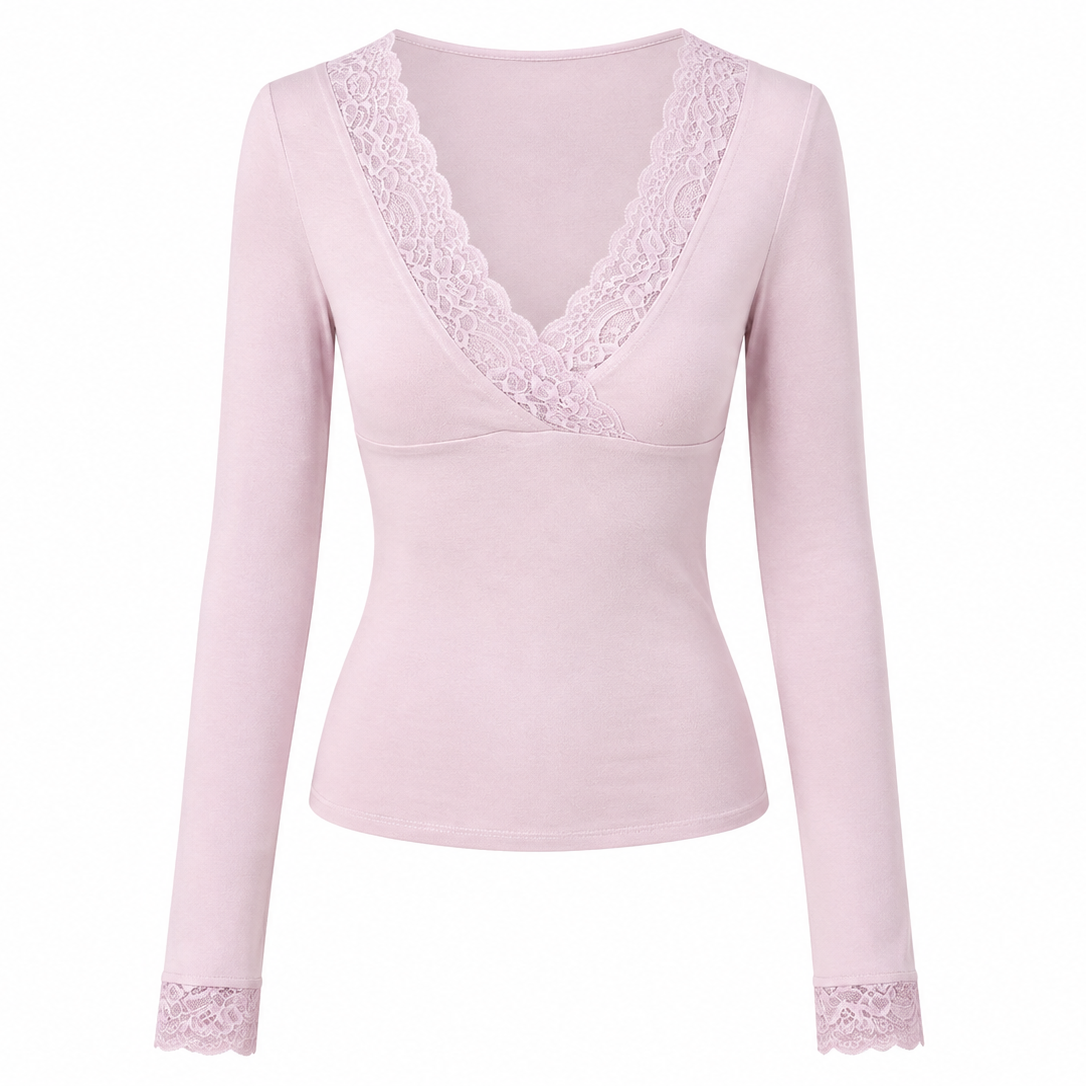 Mila Lace Trim Deep V Long Sleeve Wool Top