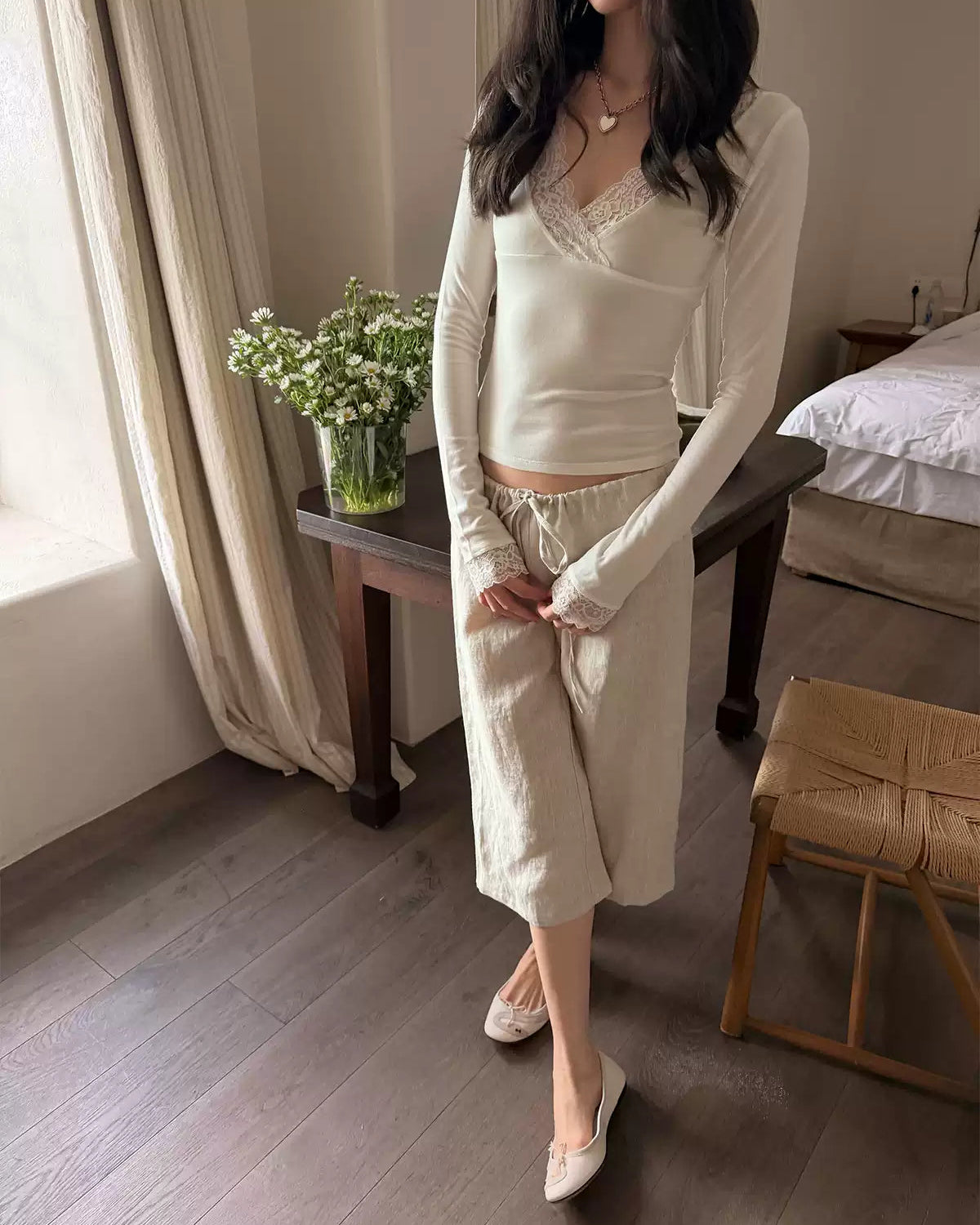 Mila Lace Trim Deep V Long Sleeve Wool Top