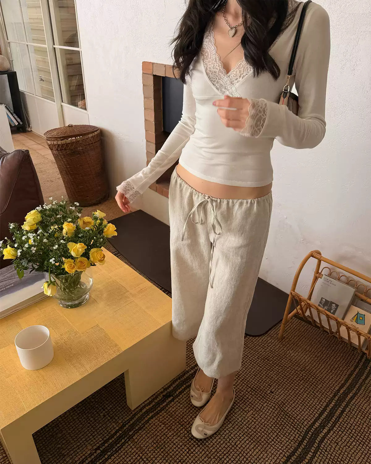 Mila Lace Trim Deep V Long Sleeve Wool Top