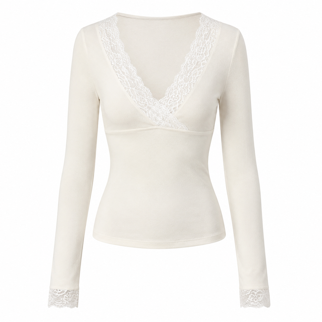 Mila Lace Trim Deep V Long Sleeve Wool Top