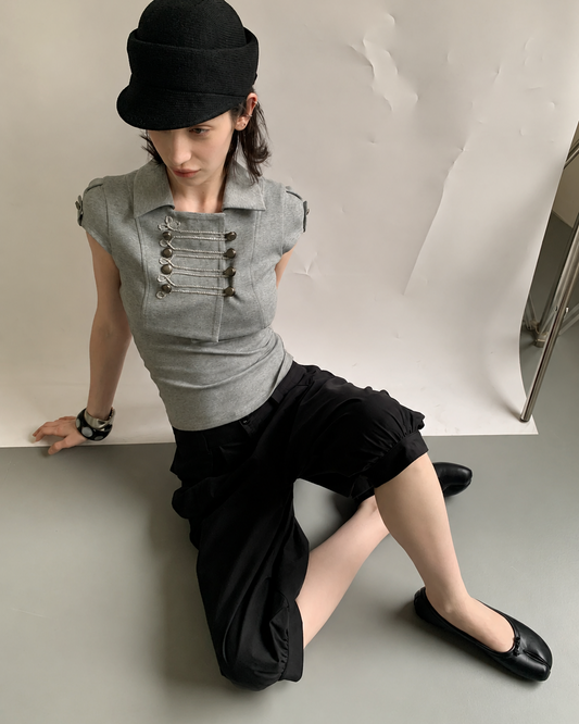Military Double-Breasted Cropped Jacket & Tank Top Set