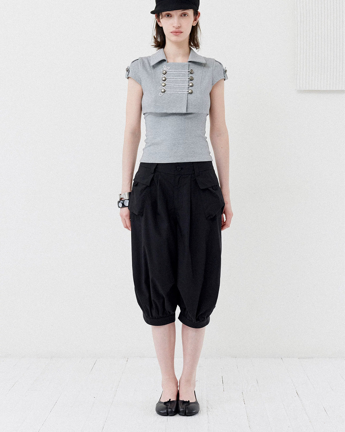 Military Double-Breasted Cropped Jacket & Tank Top Set