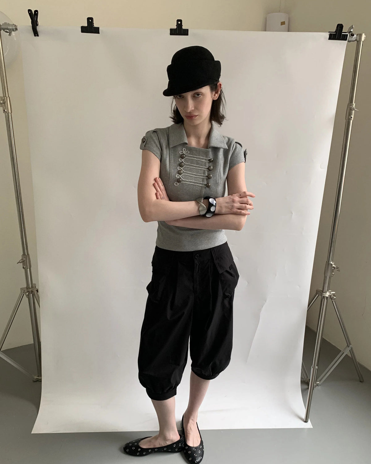 Military Double-Breasted Cropped Jacket & Tank Top Set