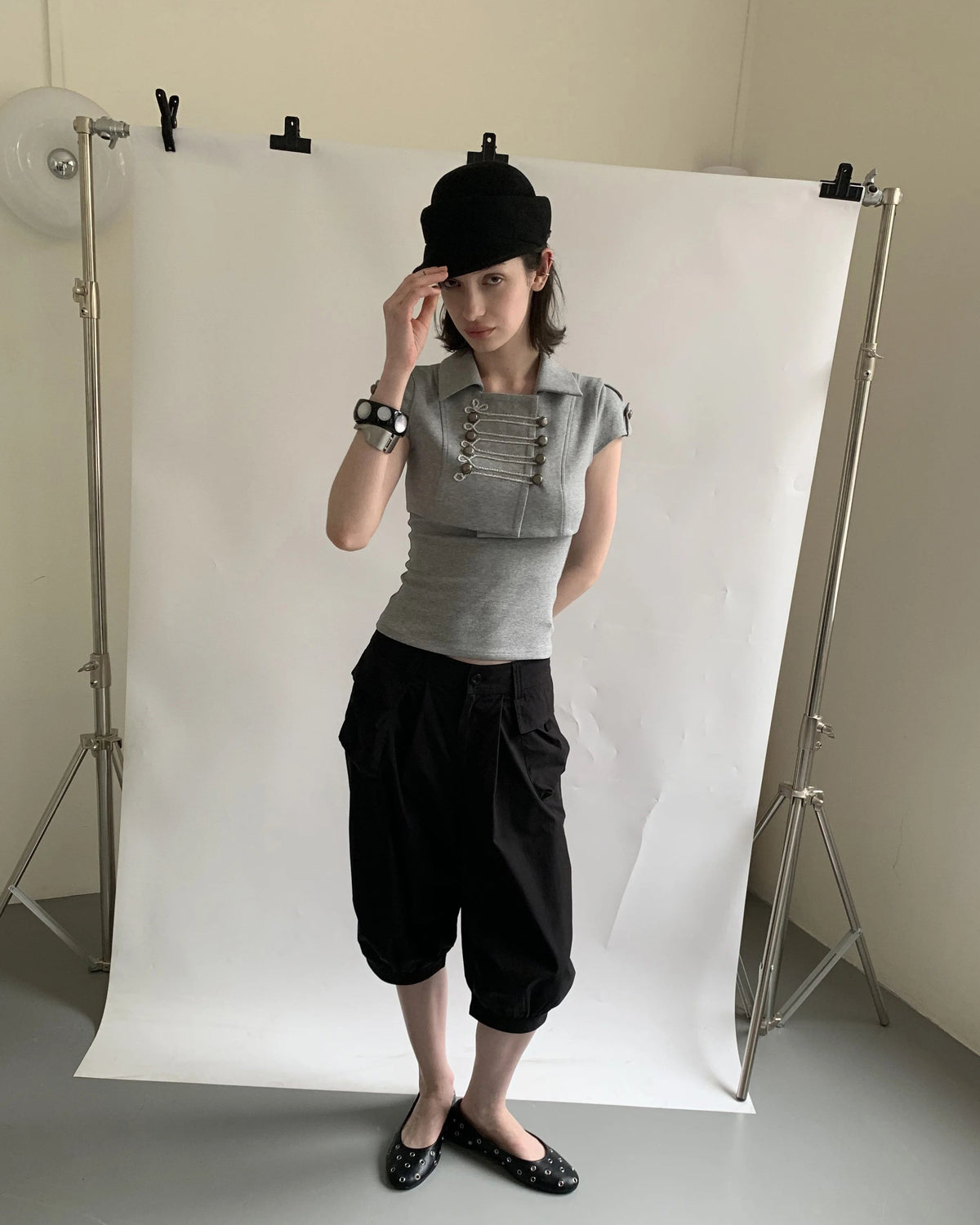 Military Double-Breasted Cropped Jacket & Tank Top Set