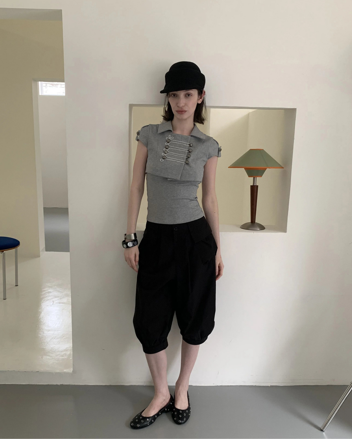 Military Double-Breasted Cropped Jacket & Tank Top Set