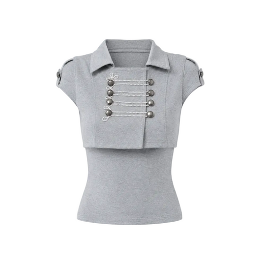 Military Double-Breasted Cropped Jacket & Tank Top Set