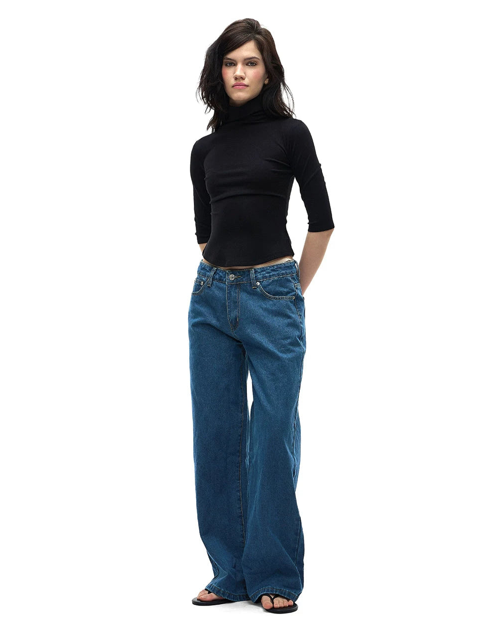 Model Off-Duty Low Rise Wide Leg Jeans