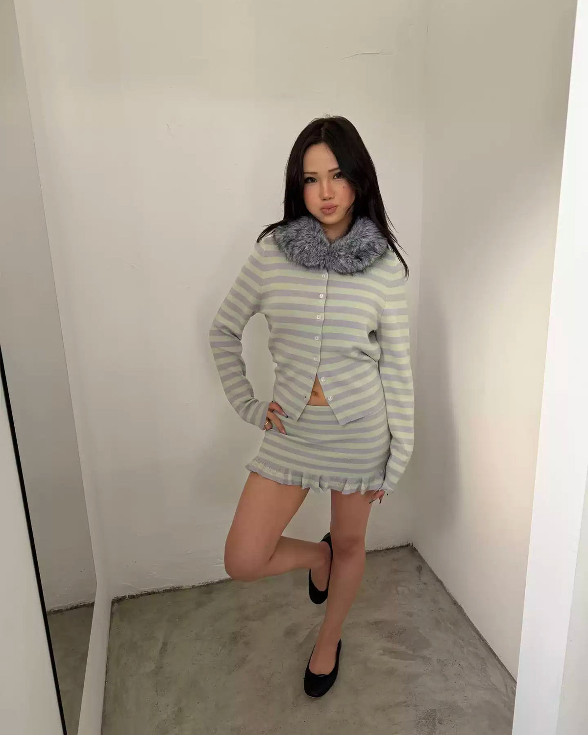 Moss Fur Collar Stripe Knit Set