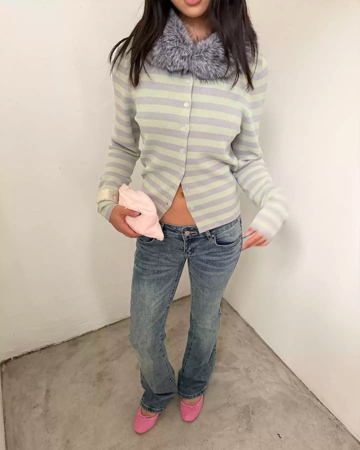 Moss Fur Collar Stripe Knit Set