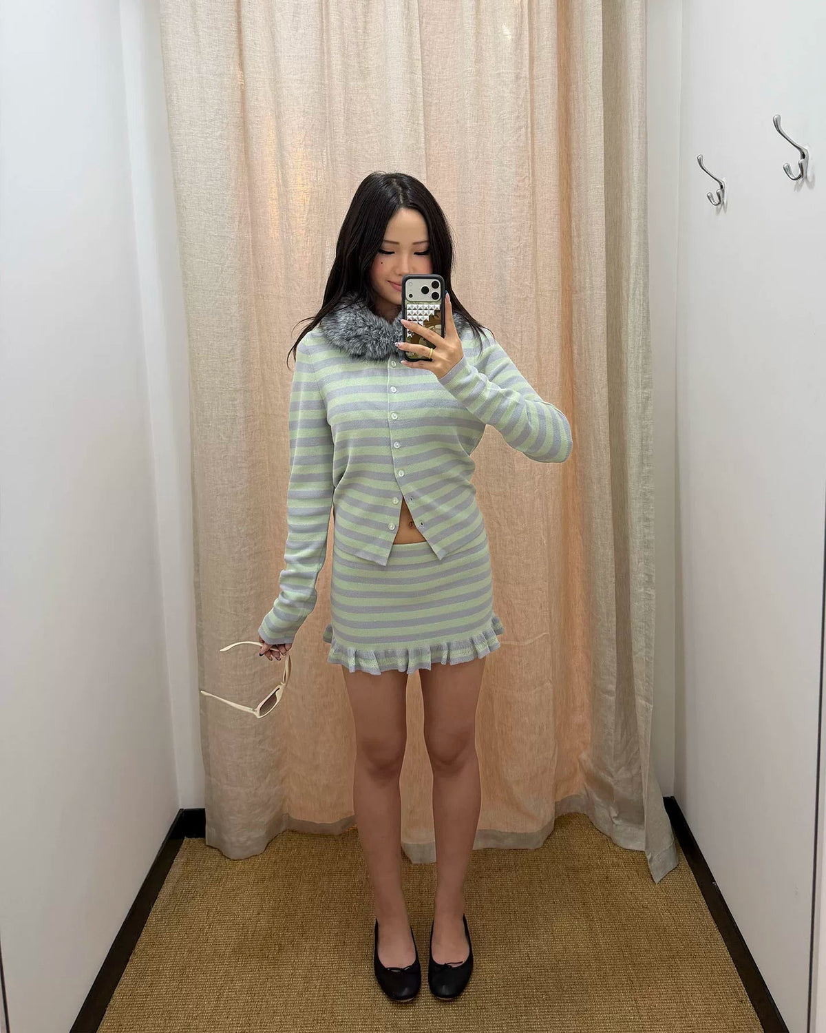 Moss Fur Collar Stripe Knit Set