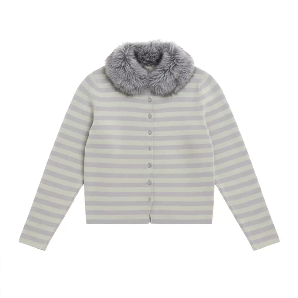 Moss Fur Collar Stripe Knit Set