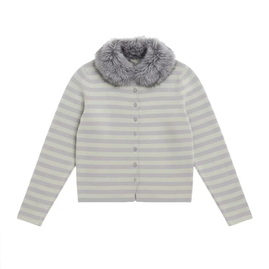 Moss Fur Collar Stripe Knit Set