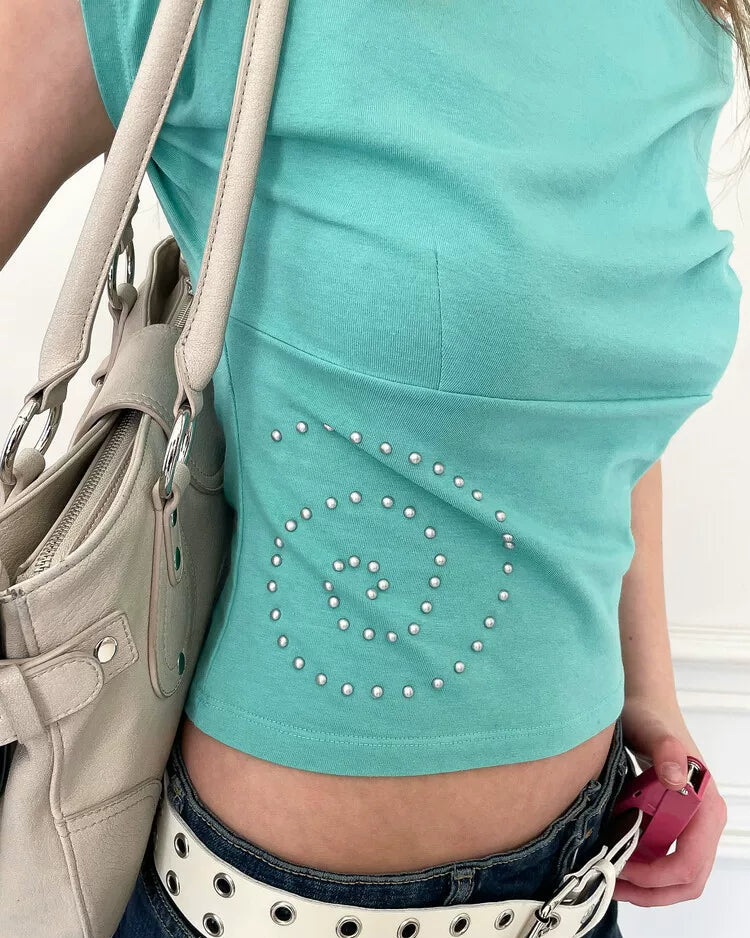 Eihey | Nina Mint Off Shoulder Rhinestone Top