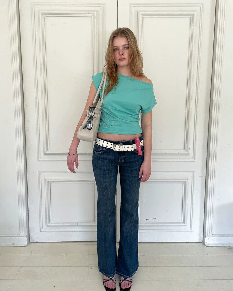 Eihey | Nina Mint Off Shoulder Rhinestone Top