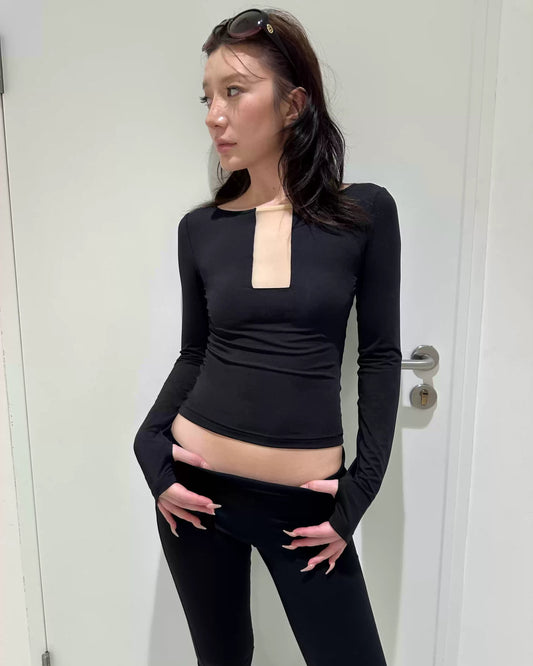 Noir Mesh Cutout Long Sleeve Top