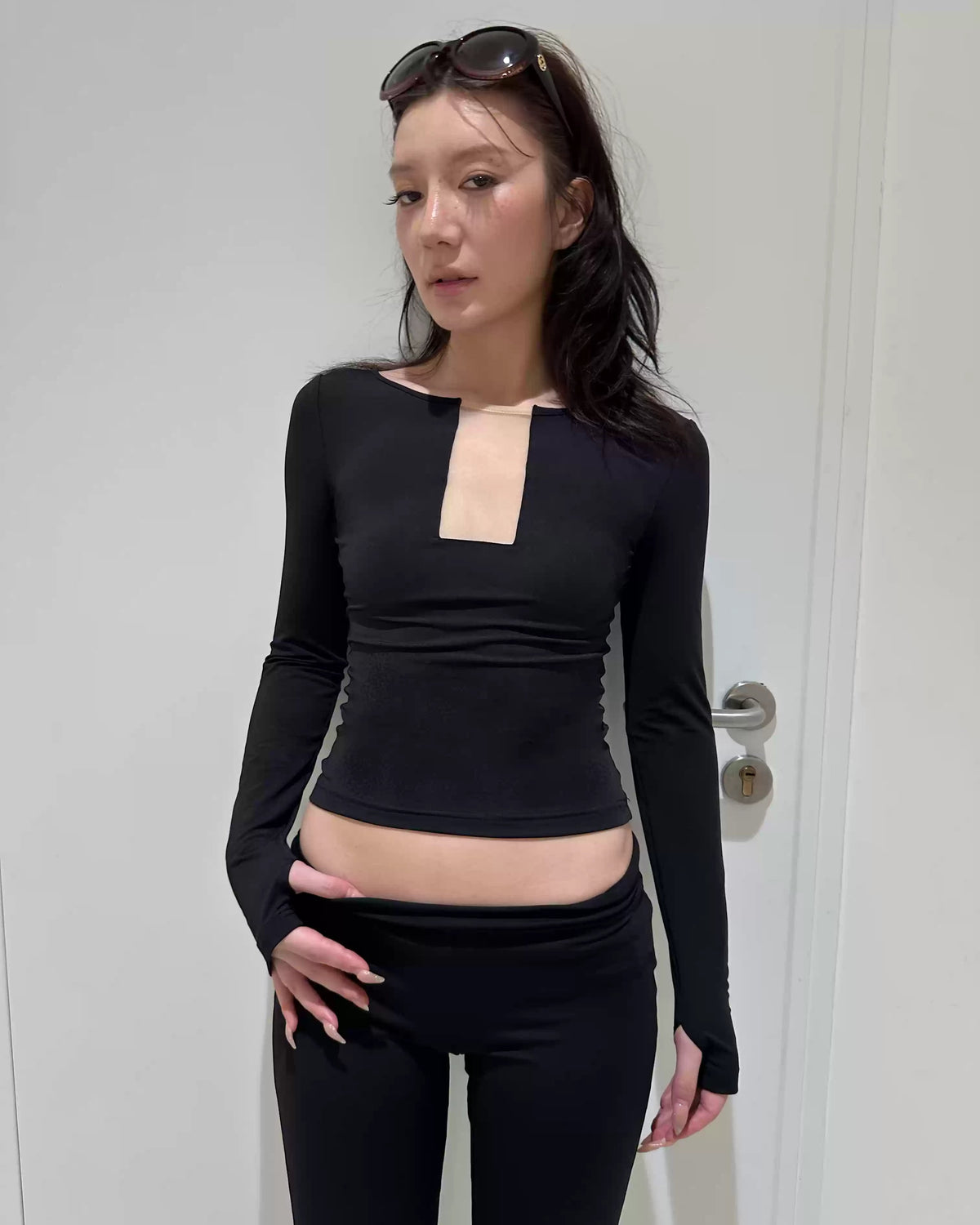 Noir Mesh Cutout Long Sleeve Top