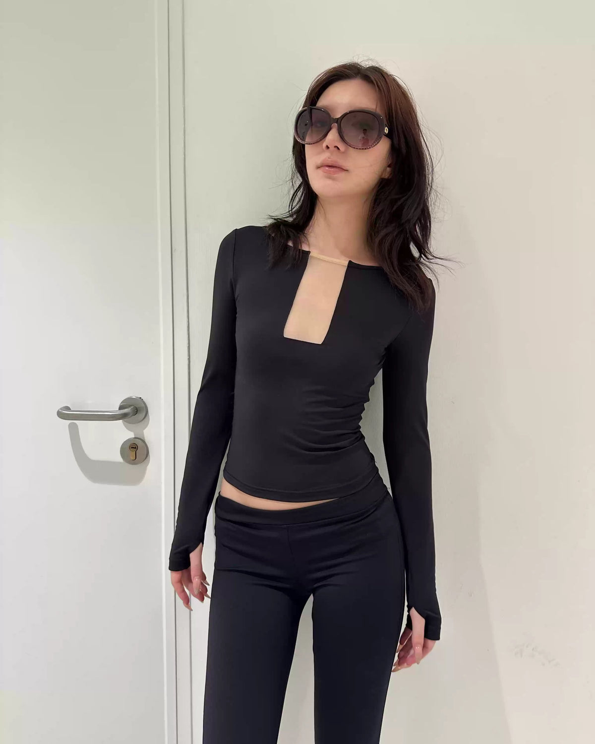 Noir Mesh Cutout Long Sleeve Top