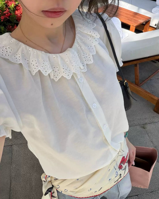 Oker | Linen Blend Tie-Front Puff Sleeve Blouse