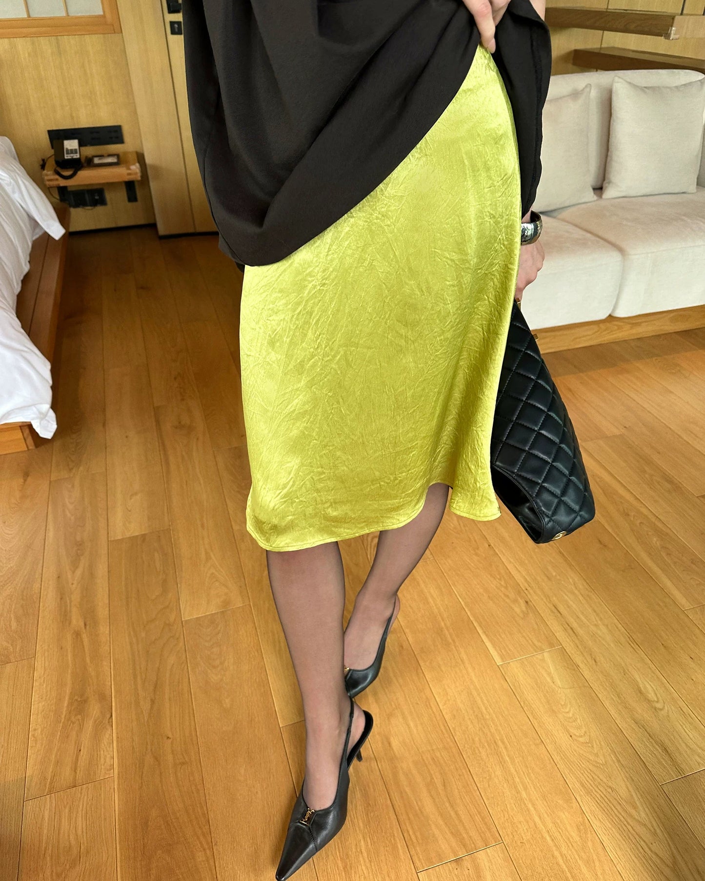 0122stepll | Olive Acetate Low Rise A-Line Midi Skirt