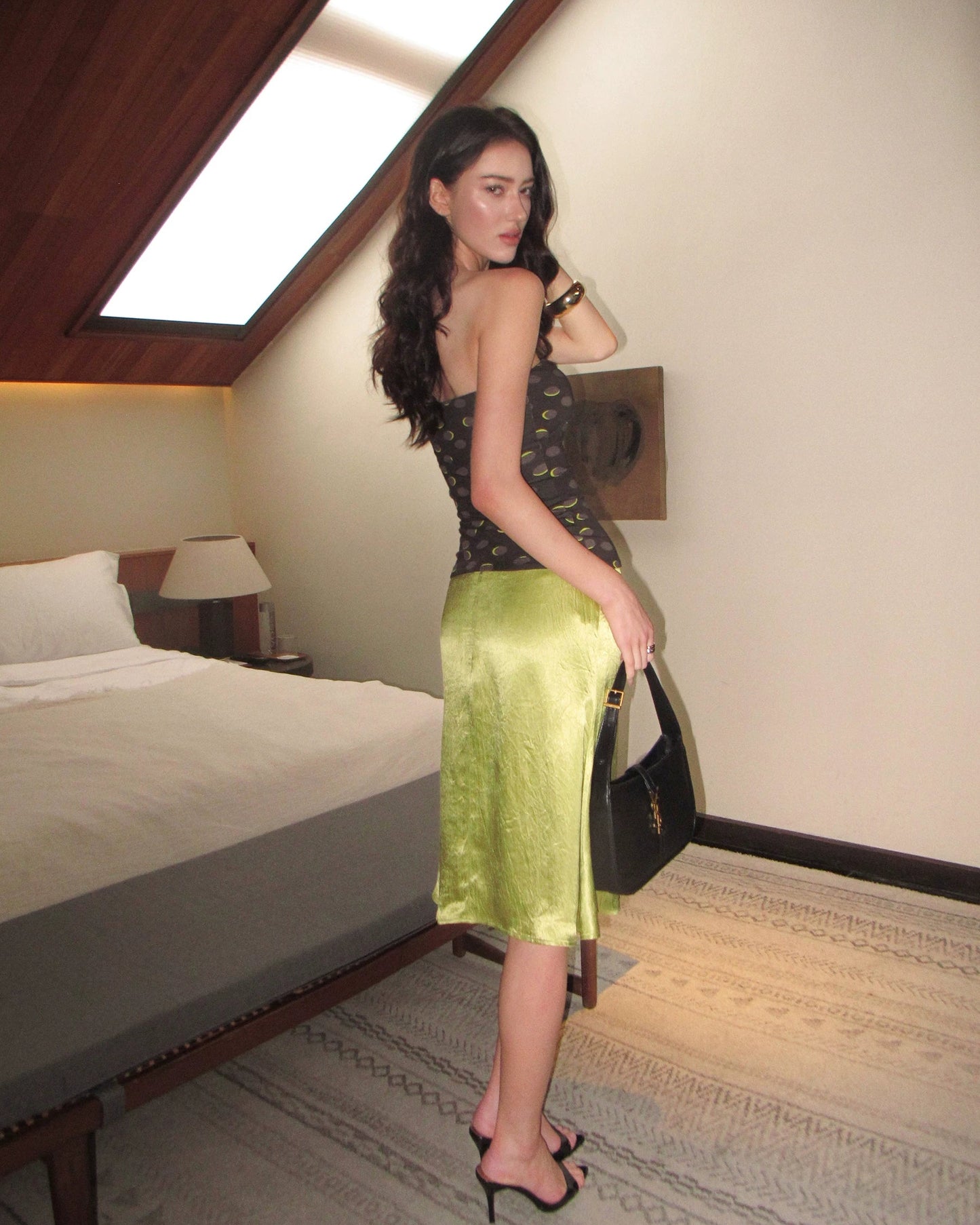 0122stepll | Olive Acetate Low Rise A-Line Midi Skirt