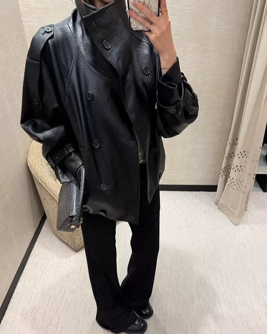 Oversized Double-Breasted Leather Jacket