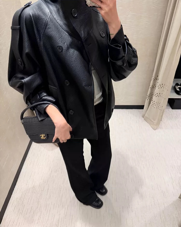 Oversized Double-Breasted Leather Jacket