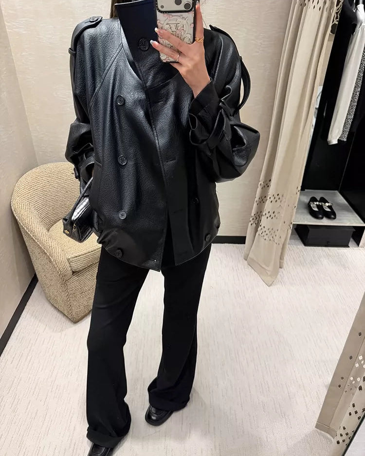 Oversized Double-Breasted Leather Jacket