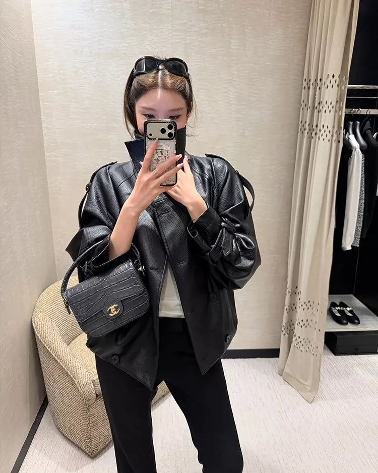 Oversized Double-Breasted Leather Jacket