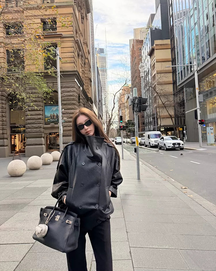 Oversized Double-Breasted Leather Jacket