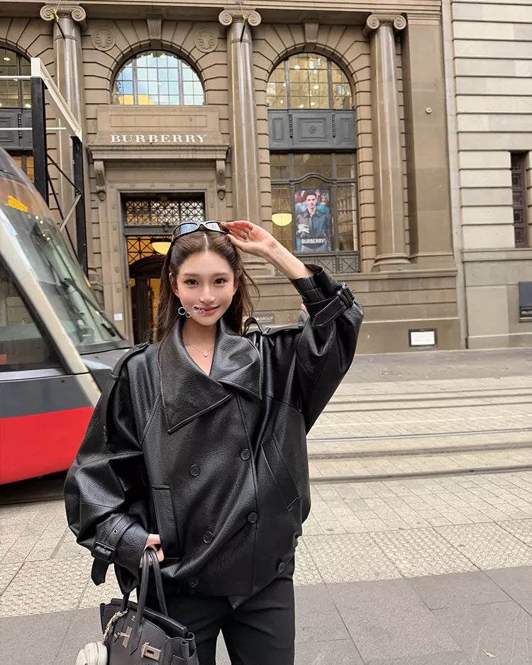 Oversized Double-Breasted Leather Jacket