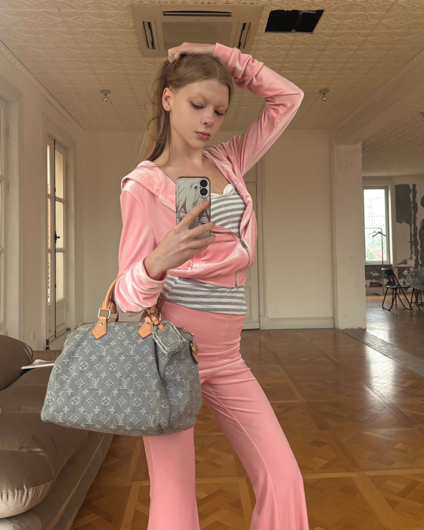 Elle | Pink Velour Hoodie & Low-Rise Pants Set