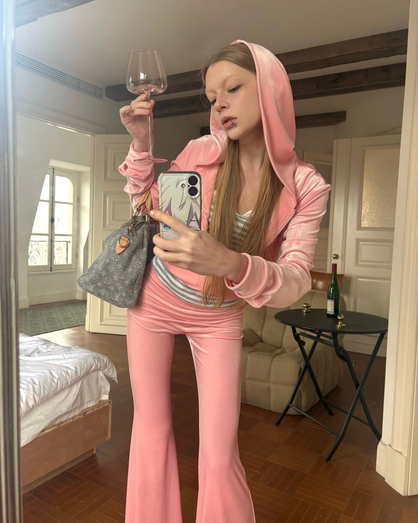 Elle | Pink Velour Hoodie & Low-Rise Pants Set