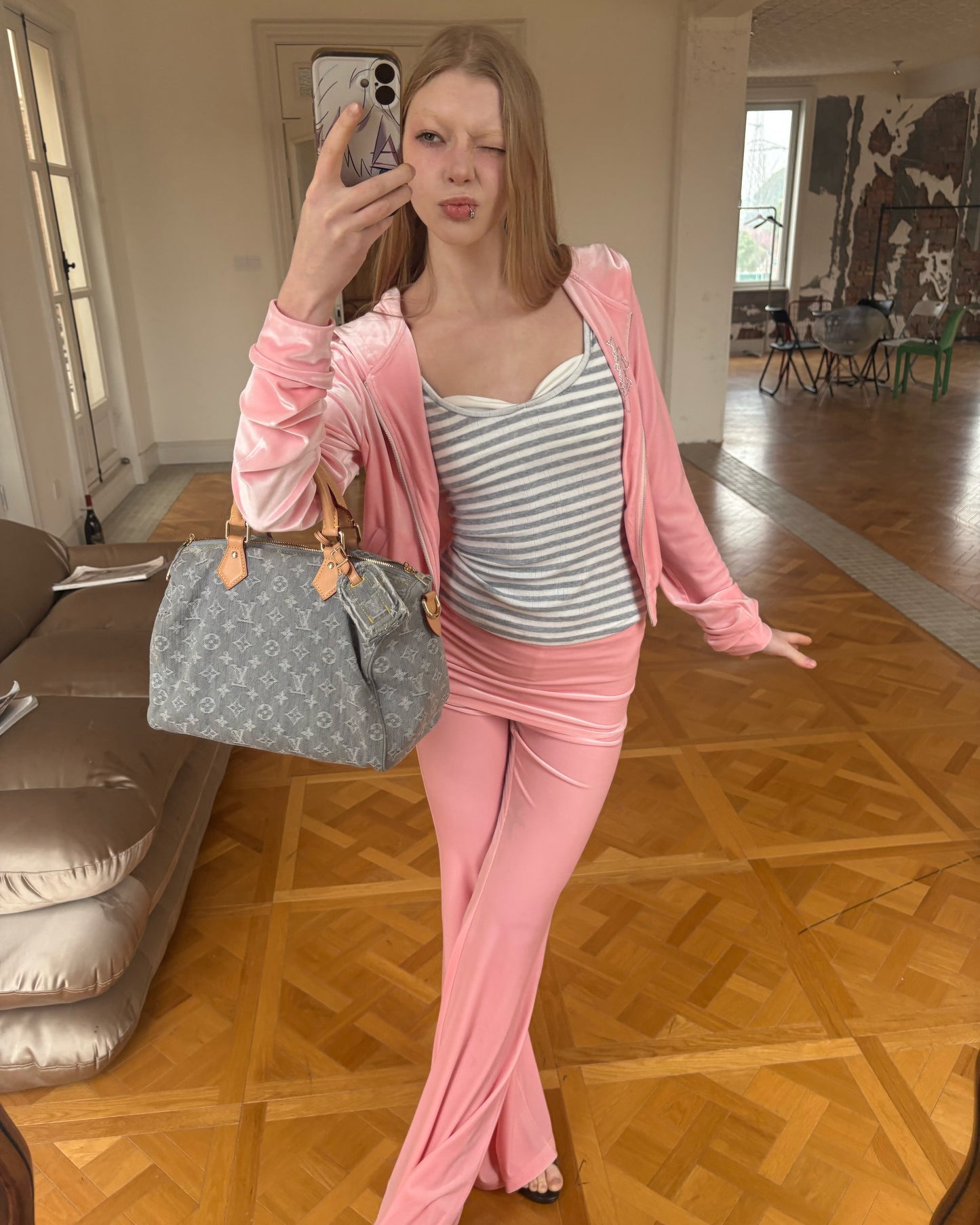 Elle | Pink Velour Hoodie & Low-Rise Pants Set