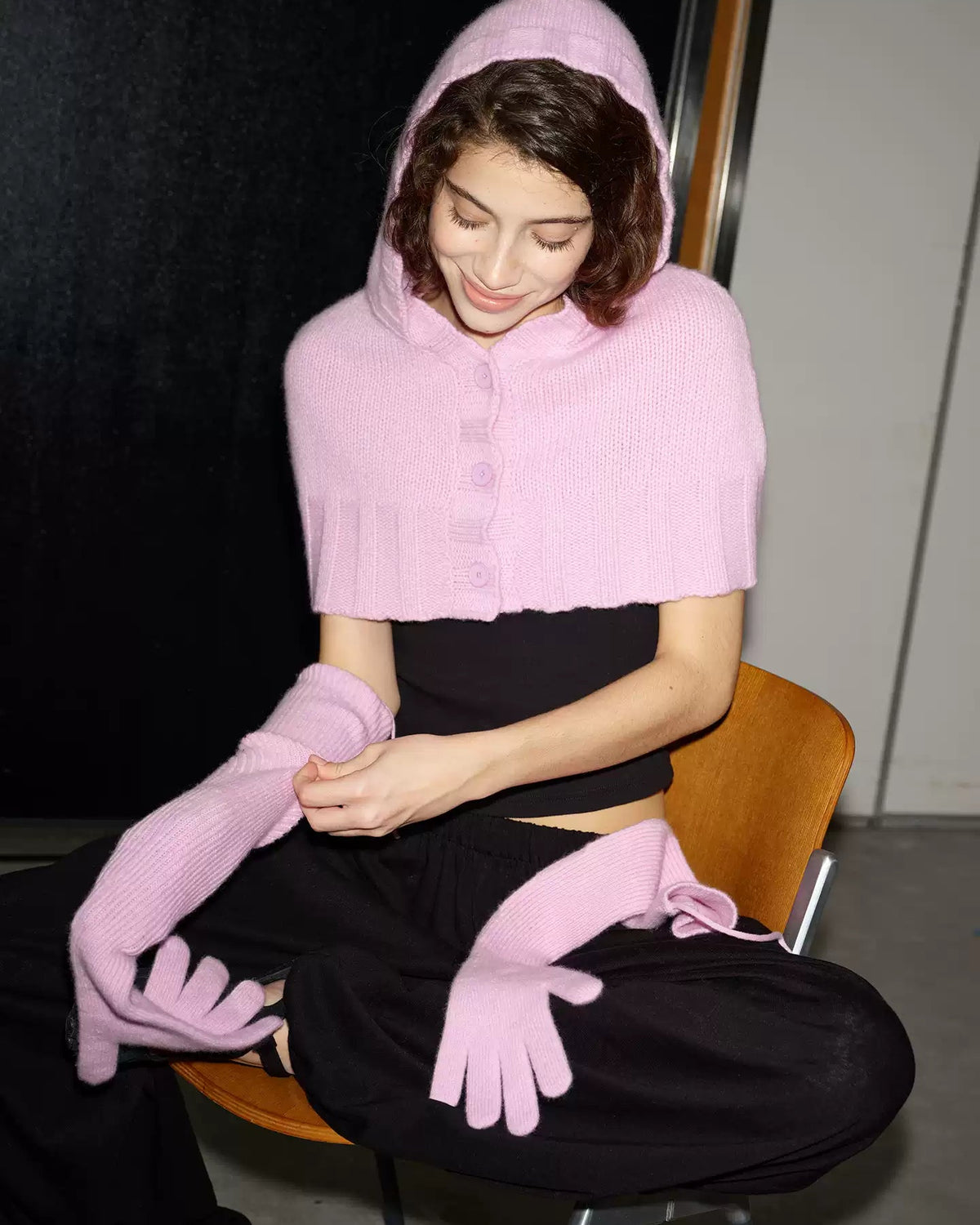 Pink Wool Hooded Cape & Gloves Set