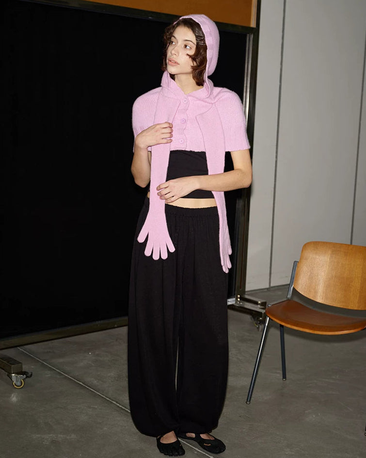 Pink Wool Hooded Cape & Gloves Set