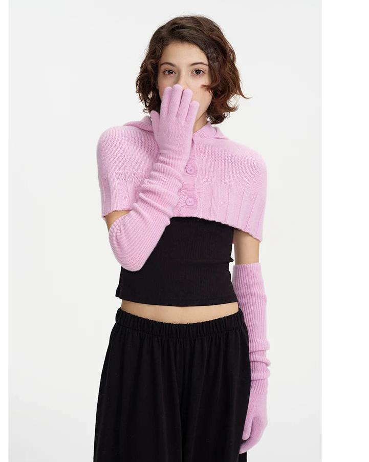 Pink Wool Hooded Cape & Gloves Set