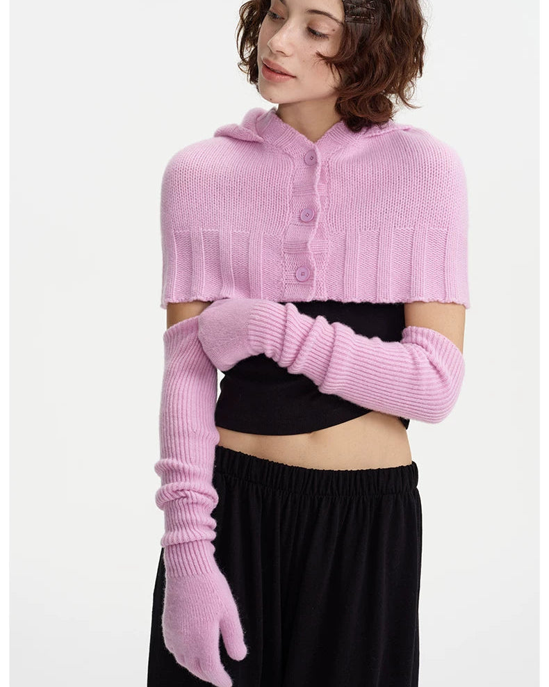 Pink Wool Hooded Cape & Gloves Set
