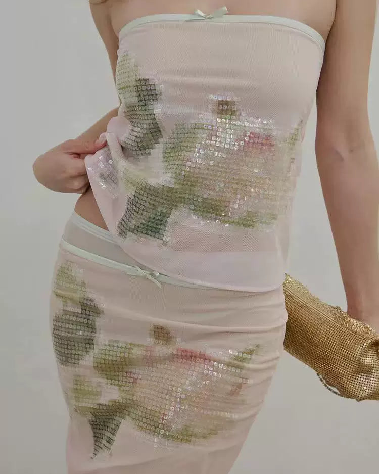 Elle | Pixel Lotus Sequin Mesh Midi Skirt